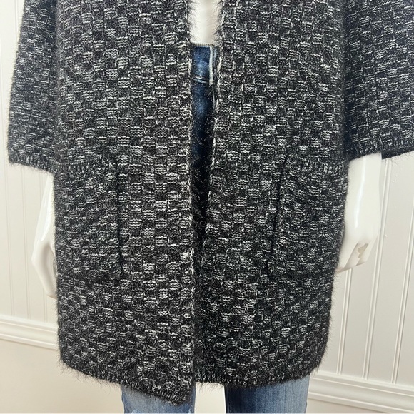 BCBG Maxazria Women's L Open Front Knit Cardigan Sweater Black Gray Fizzy Thick - Picture 6 of 14
